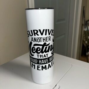 White Travel Tumbler with Black Meeting Script